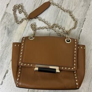 DVF Diane von Furstenberg 440 Mini Studded Flap Crossbody Bag Tan Brown Gold